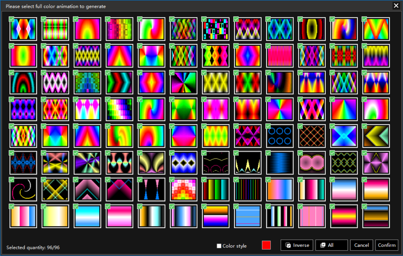 Built-in library of full-color animation patterns for LED show programming.