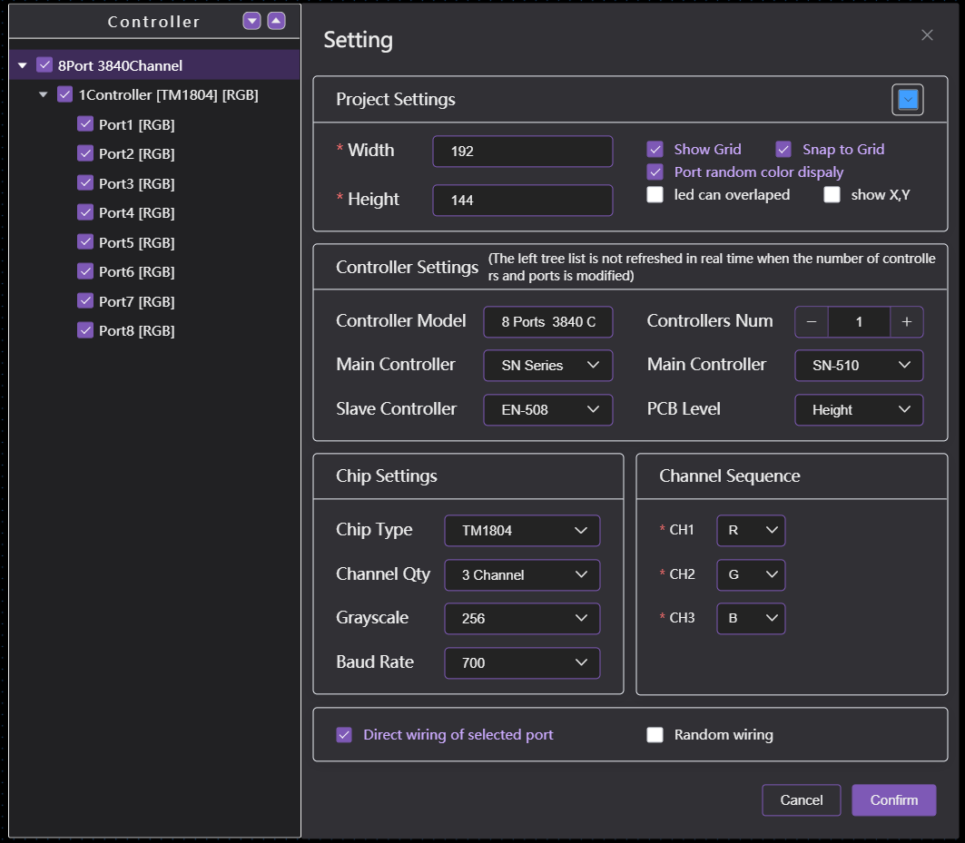 Master and slave controller settings in LED pixel mapping software.