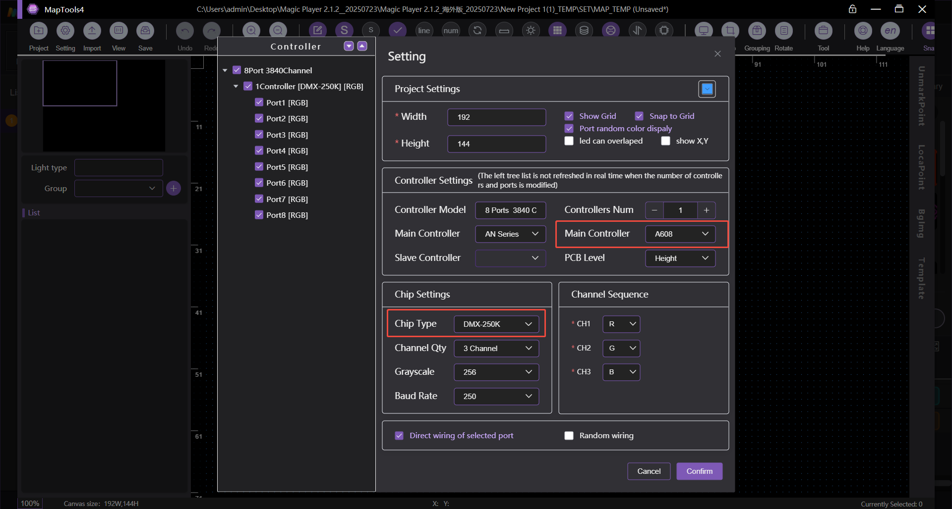 RGB channel settings interface in Seekway Magic Player software.