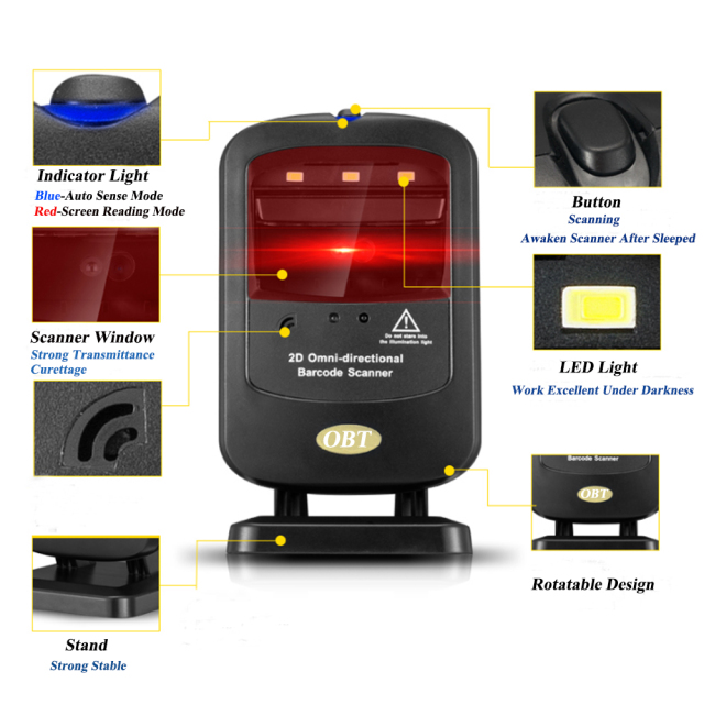 Escáner de códigos de barras 2D de escritorio con manos libres y conexión USB para cajeros automáticos POS HENCODES HC-200S