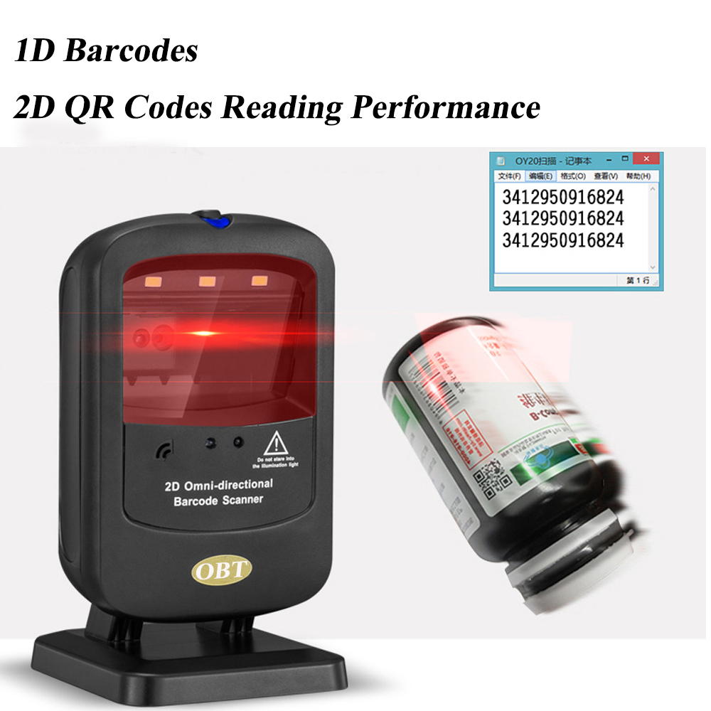 Escáner de códigos de barras 2D de escritorio con manos libres y conexión USB para cajeros automáticos POS HENCODES HC-200S