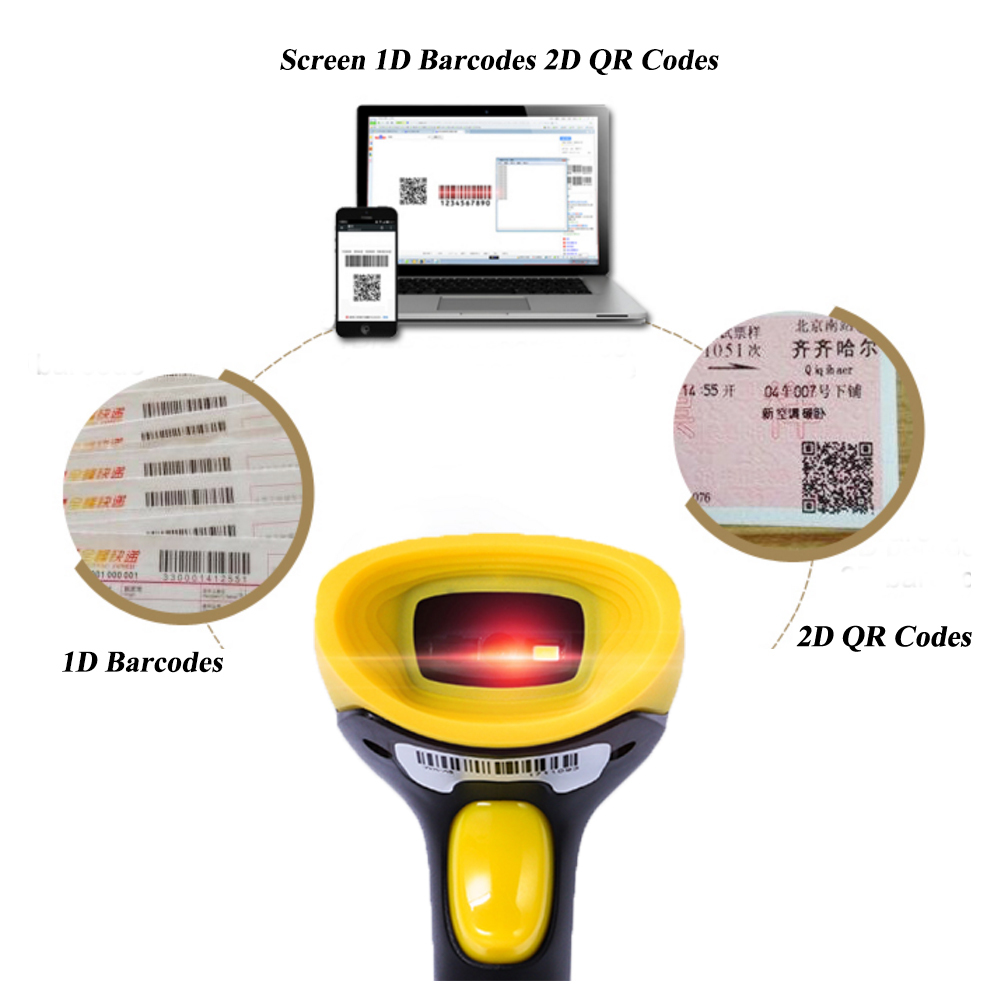 HENCODES HC-6902 Scanner de codes-barres 2D portable avec câble USB pour règlement en caisse