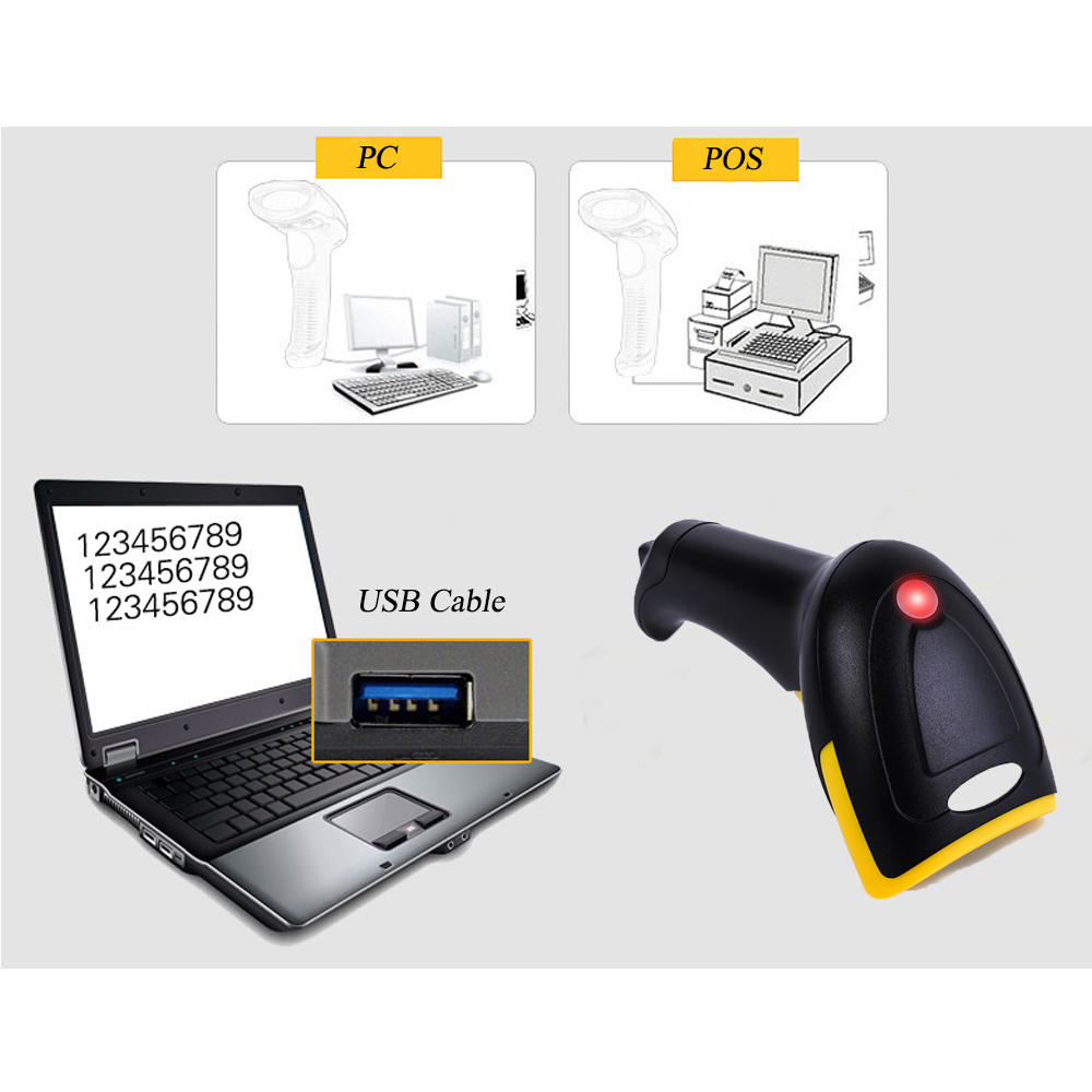 HENCODES HC-6902 Scanner de codes-barres 2D portable avec câble USB pour règlement en caisse