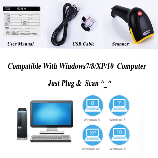 HENCODES HC-6902 Scanner de codes-barres 2D portable avec câble USB pour règlement en caisse