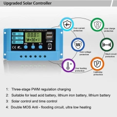 New 10A 20A 30A Lithium Iron Lifepo4 Battery Charger Regulators Stabilizers 12V 24V Auto Dual USB PWM Solar Charge Controller