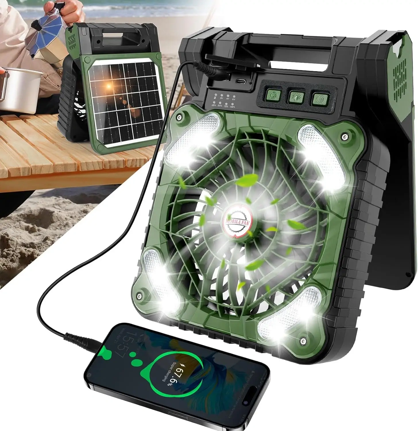 Multifunctional Portable Phone Charger Solar Camping Light Fan Outdoor Four-Speed Wind Mechanical Control Made Plastic Battery