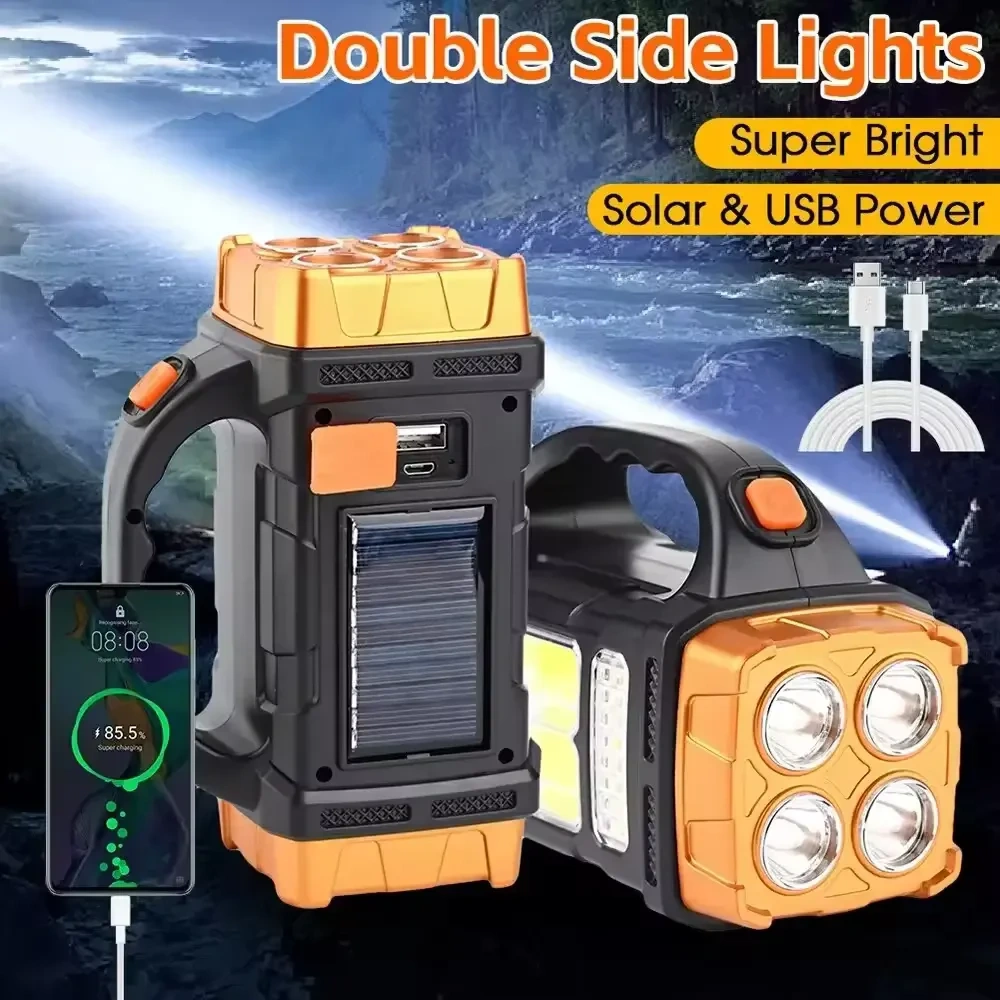 Powerful 4-Gear USB Rechargeable COB Work Light Aluminum Alloy Solar LED Flashlight Torch Waterproof Bright for Outdoor Camping