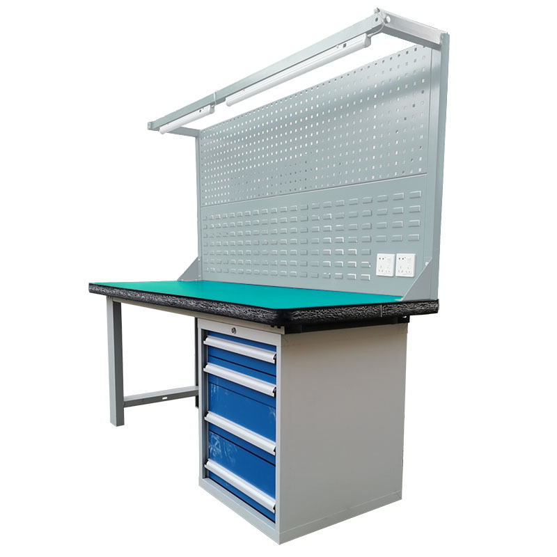 Freestanding Workbench with Light Stand โต๊ะทำงานติดพื้นพร้อมขาไฟ ขนาด 1500*750*1800 มม. โต๊ะงานหนักระดับอุตสาหกรรม พร้อมตู้ลิ้นชัก 4 ช่อง และไฟ LED
