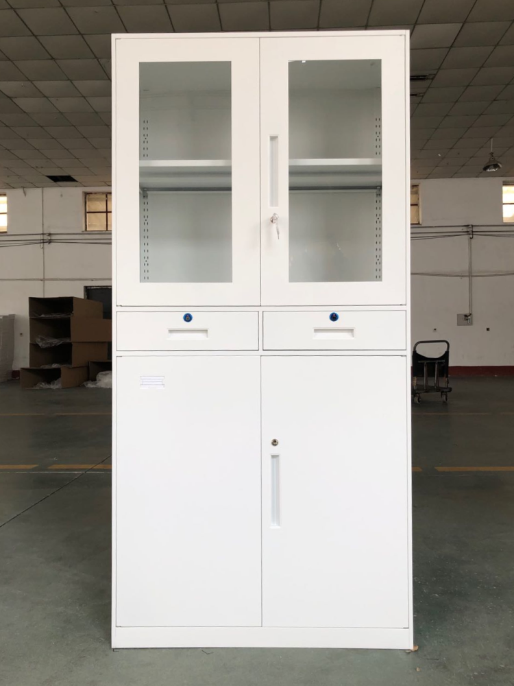 Pure white steel file cabinet with two central drawers W900*D400*H1850 ตู้เอกสารเหล็กสีขาวล้วนแบบสองลิ้นชักตรงกลาง ตู้เก็บเอกสารประตูกระจกสำหรับสำนักงาน ลิ้นชักมีรางเลื่อน ด้ามจับเหล็กรูปแท่งยาว
