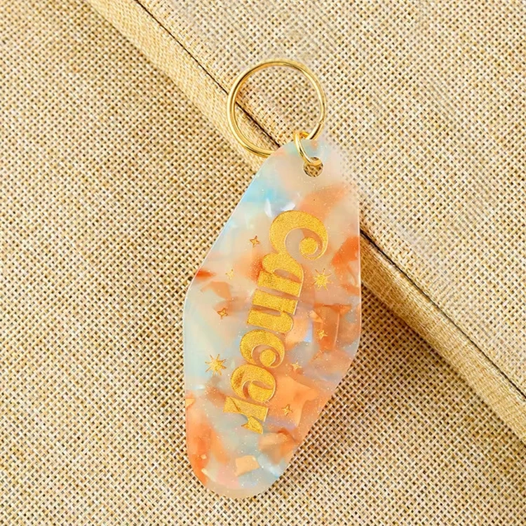 Custom Motel Keychain uv dtf Decal Blank Plastic Retro Motel Keychain Acrylic Luggage Tags Clear Glitter Motel Keychain