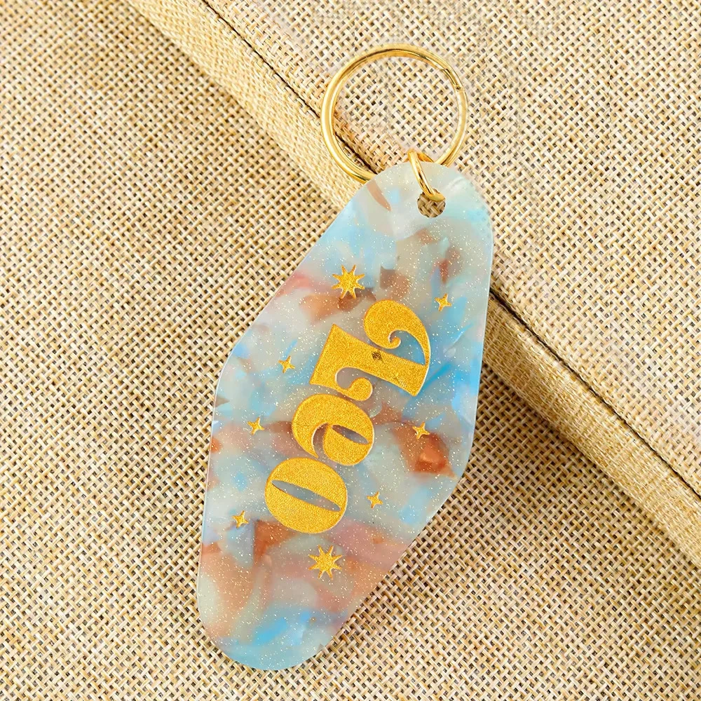 Custom Motel Keychain uv dtf Decal Blank Plastic Retro Motel Keychain Acrylic Luggage Tags Clear Glitter Motel Keychain