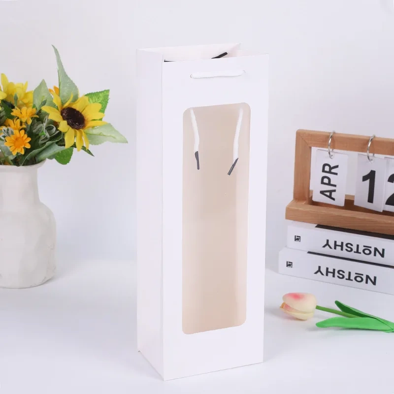 Custom Paper Bags with Logo Wholesale White Black Pink Flower Transparent Gift Bag Custom Paper Bag for Wine Wine Packing