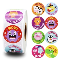 Custom Cute Cartoon Animals Sticker for Kids Labels Round Vinyl Paper School Teacher Supplies Child Reward Sticker Printing