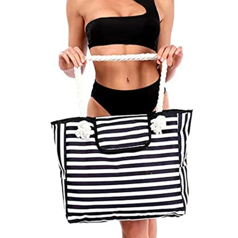 Wholesale Custom Beach Striped Tote Bag with Printed Logo Large Summer Shopping Canvas Tote Bag for Women