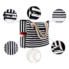 Wholesale Custom Beach Striped Tote Bag with Printed Logo Large Summer Shopping Canvas Tote Bag for Women