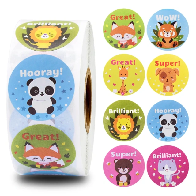 Custom Cute Cartoon Animals Sticker for Kids Labels Round Vinyl Paper School Teacher Supplies Child Reward Sticker Printing
