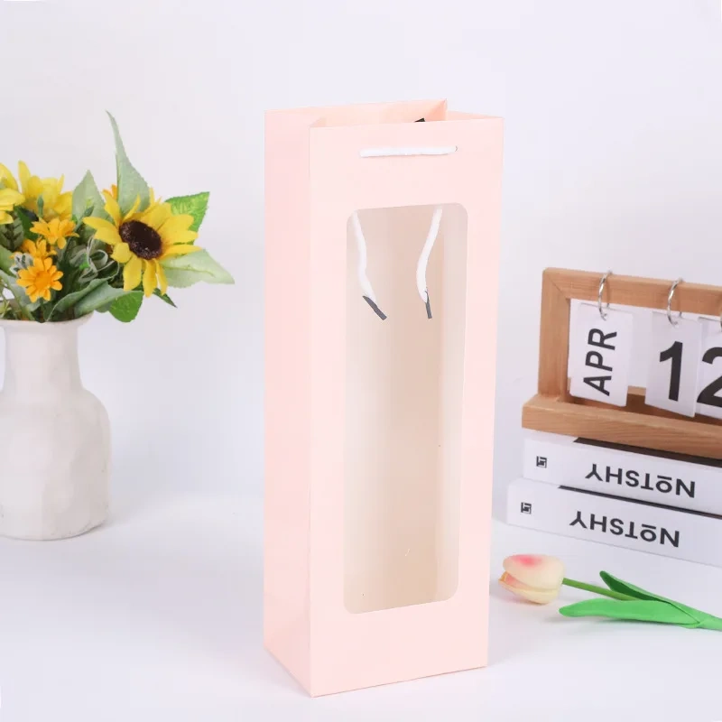 Custom Paper Bags with Logo Wholesale White Black Pink Flower Transparent Gift Bag Custom Paper Bag for Wine Wine Packing