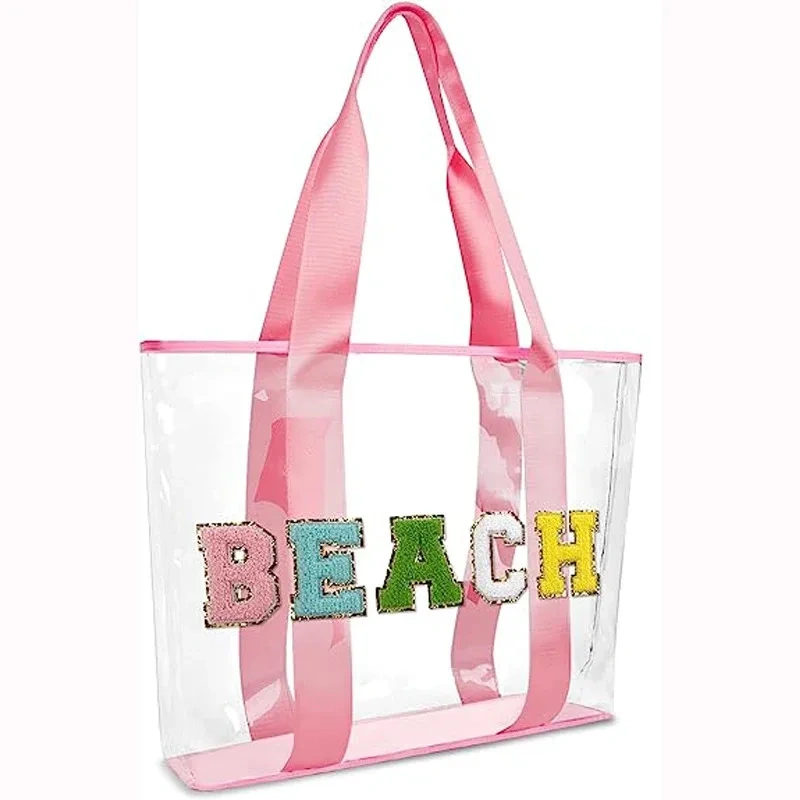 wholesale Custom Embroidery Patch logo Holographic tote bag pvc Shipping For Women stronger handle holographic PVC bag Beach Bag