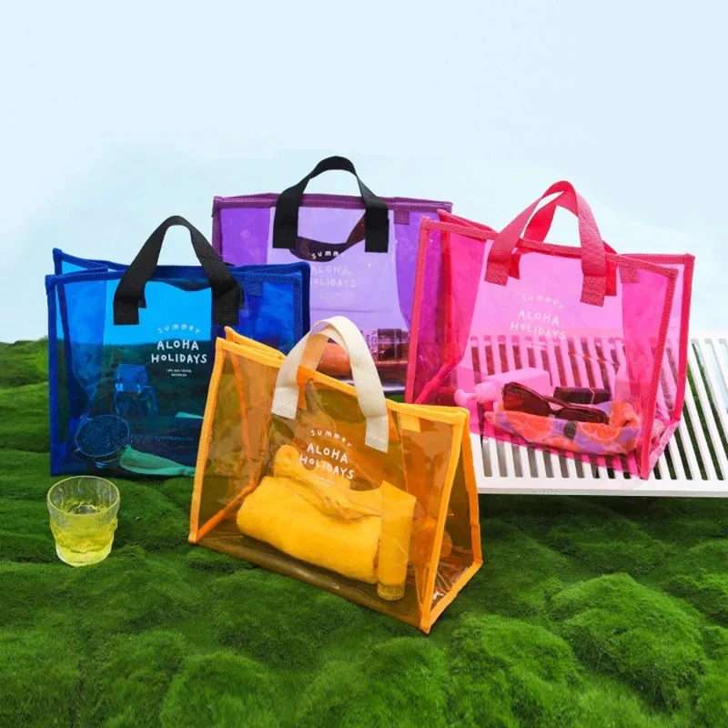 Customized PVC Shopping Beach Bags Handbag Waterproof PVC TPU Transparent Holographic Laser Summer Beach Tote Bag For Women