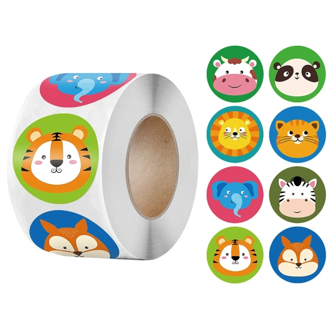 Custom Cute Cartoon Animals Sticker for Kids Labels Round Vinyl Paper School Teacher Supplies Child Reward Sticker Printing
