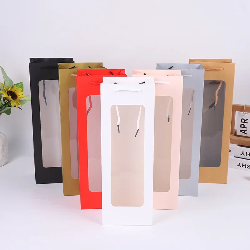 Custom Paper Bags with Logo Wholesale White Black Pink Flower Transparent Gift Bag Custom Paper Bag for Wine Wine Packing