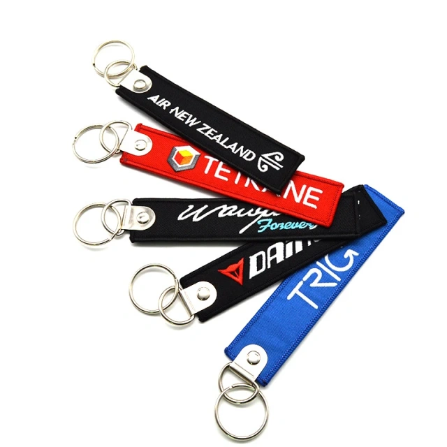Luggage Clothing Fabric Hang Tag Custom Keyring China Embossed Embroidered Keychain Embroidery