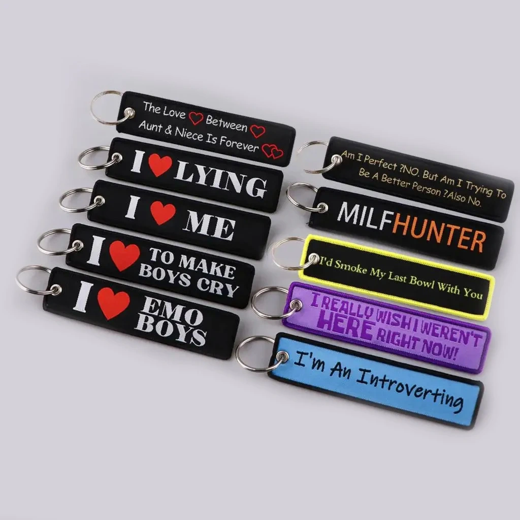 Wholesale Custom Embroidery Label Anime Logo Namel Tag Embroidery Keychain Anime Embroidered Key Chain Custom Key Tag