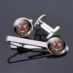 Folk Art Skulls Jewelry Cufflinks And Stainless Steel Tie Pin Clips Set Men Shirt Accessories Custom Sterling Silver Tie Clip