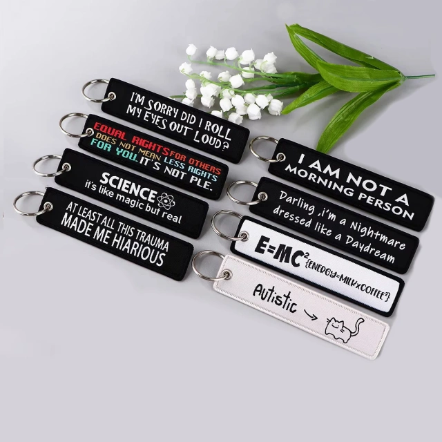Wholesale Custom Embroidery Label Anime Logo Namel Tag Embroidery Keychain Anime Embroidered Key Chain Custom Key Tag