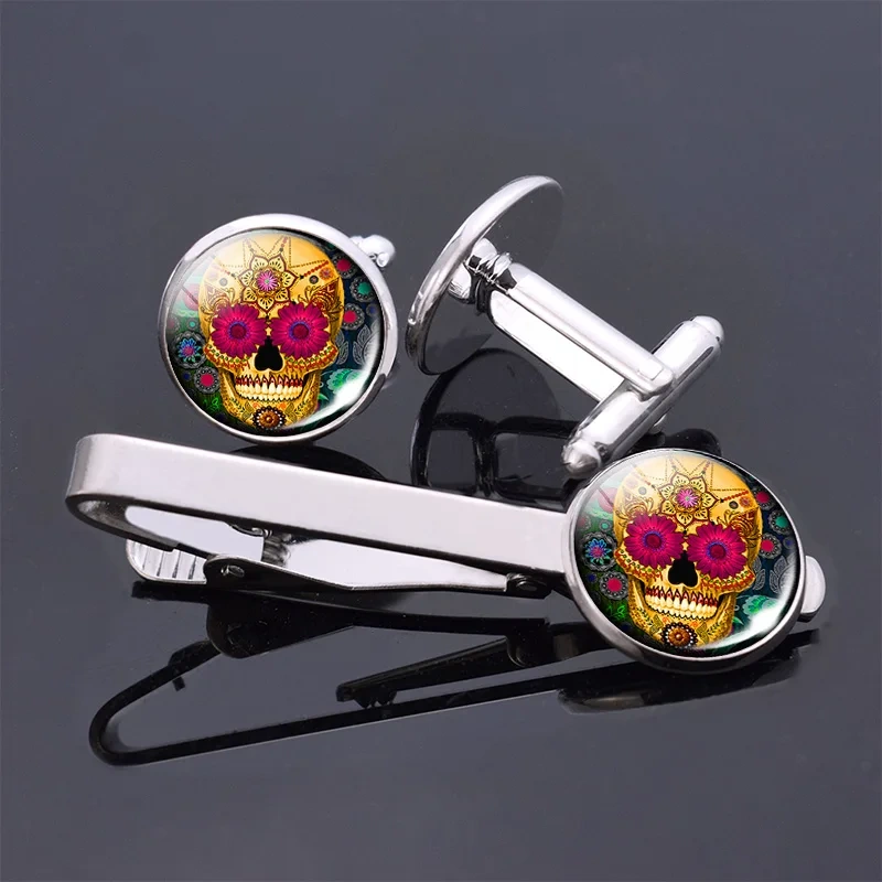 Folk Art Skulls Jewelry Cufflinks And Stainless Steel Tie Pin Clips Set Men Shirt Accessories Custom Sterling Silver Tie Clip