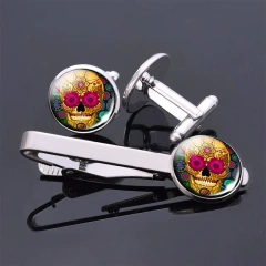 Folk Art Skulls Jewelry Cufflinks And Stainless Steel Tie Pin Clips Set Men Shirt Accessories Custom Sterling Silver Tie Clip