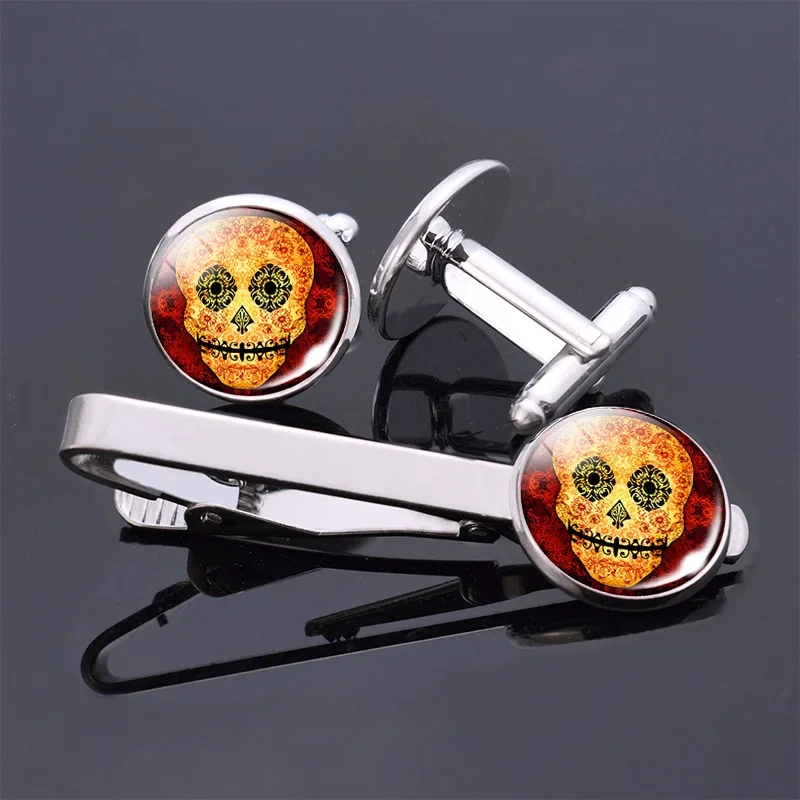 Folk Art Skulls Jewelry Cufflinks And Stainless Steel Tie Pin Clips Set Men Shirt Accessories Custom Sterling Silver Tie Clip