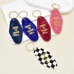 Custom Motel Keychain uv dtf Decal Clear Glitter Motel Keychain Blank Plastic Retro Motel Key Chain Acrylic Keyring Luggage Tags