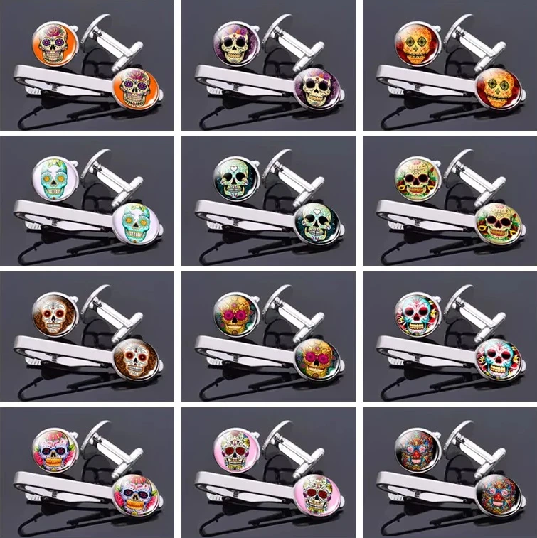 Folk Art Skulls Jewelry Cufflinks And Stainless Steel Tie Pin Clips Set Men Shirt Accessories Custom Sterling Silver Tie Clip