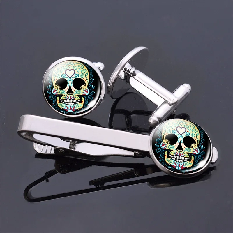 Folk Art Skulls Jewelry Cufflinks And Stainless Steel Tie Pin Clips Set Men Shirt Accessories Custom Sterling Silver Tie Clip