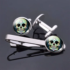 Folk Art Skulls Jewelry Cufflinks And Stainless Steel Tie Pin Clips Set Men Shirt Accessories Custom Sterling Silver Tie Clip