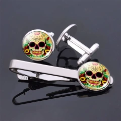 Folk Art Skulls Jewelry Cufflinks And Stainless Steel Tie Pin Clips Set Men Shirt Accessories Custom Sterling Silver Tie Clip