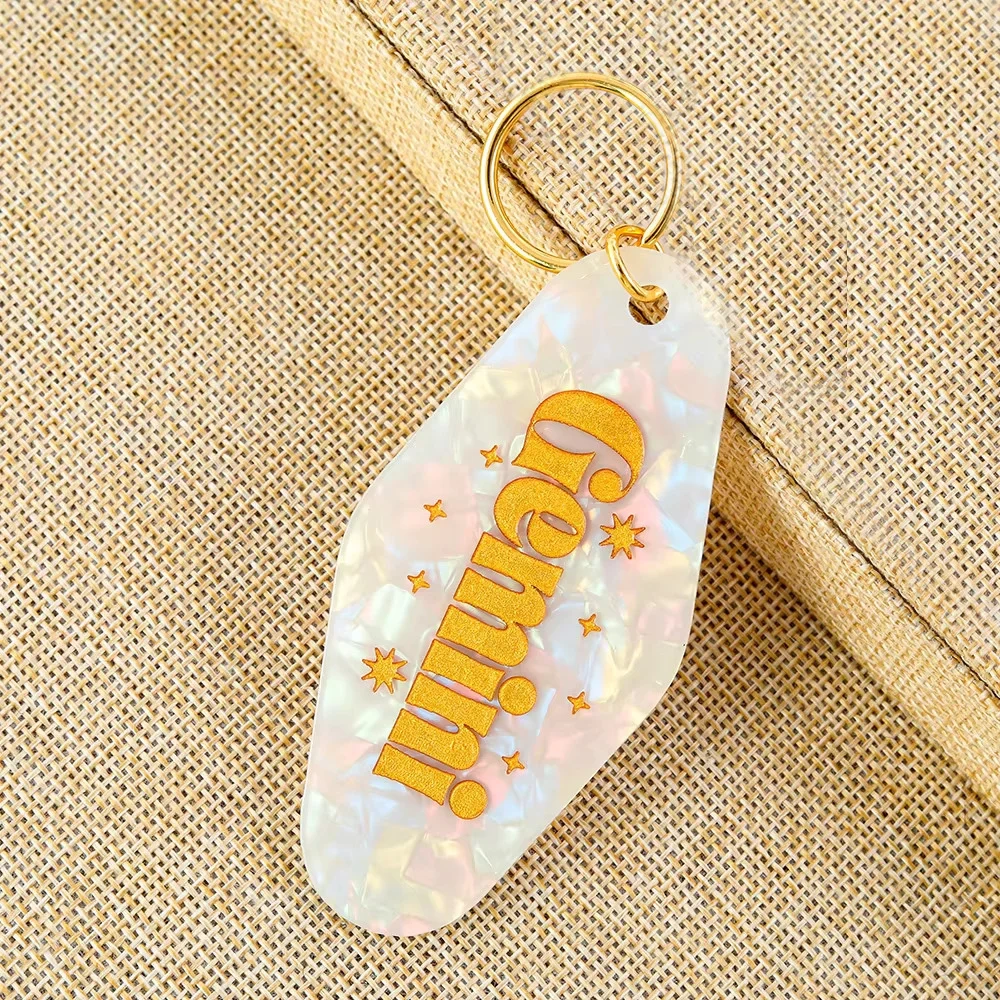 Clear Glitter Motel Keychain Custom Motel Keychain uv dtf Decal Plastic Retro Motel Keychain Acrylic Luggage Tags
