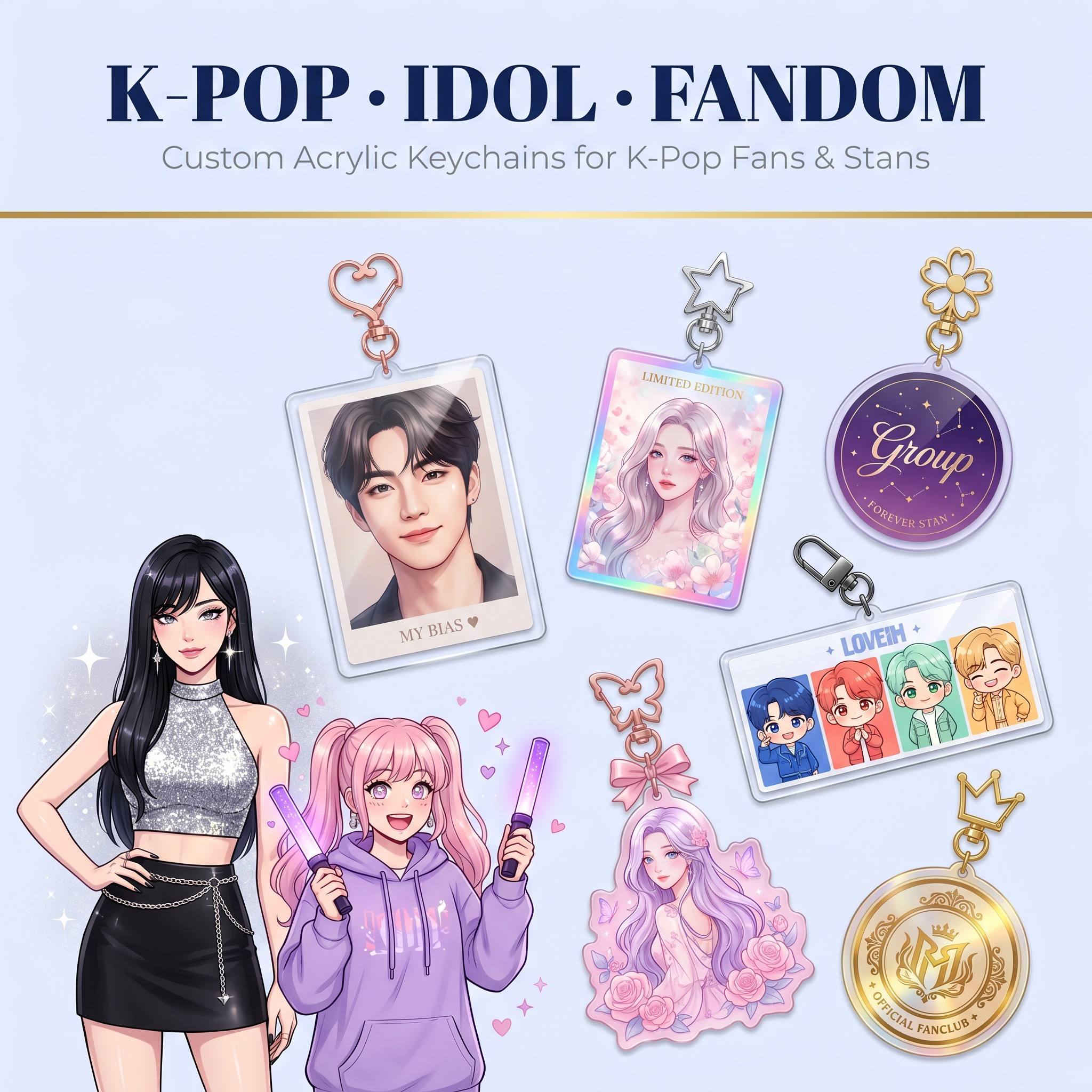 Custom K-Pop Keychains for Stans, Fan Sites & Official Fandom Drops