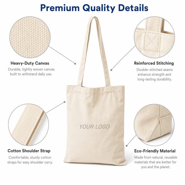 Canvas Shoulder Tote Bag Custom Logo | No MOQ | Eco-Friendly Long Handle Cotton Bag