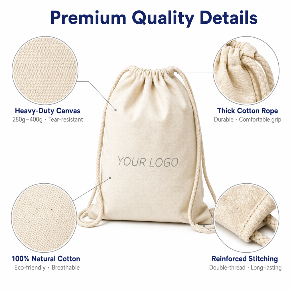 Canvas Drawstring Backpack Custom Logo  | No MOQ | Eco-Friendly Cotton Gym Bag