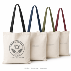 Custom Logo White Canvas Shoulder Tote Bag | Contrast Color Strap | No MOQ | 4 Strap Colors