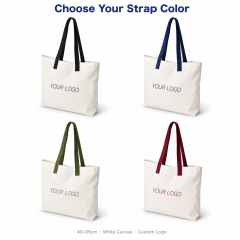 Custom Logo White Canvas Shoulder Tote Bag | Contrast Color Strap | No MOQ | 4 Strap Colors