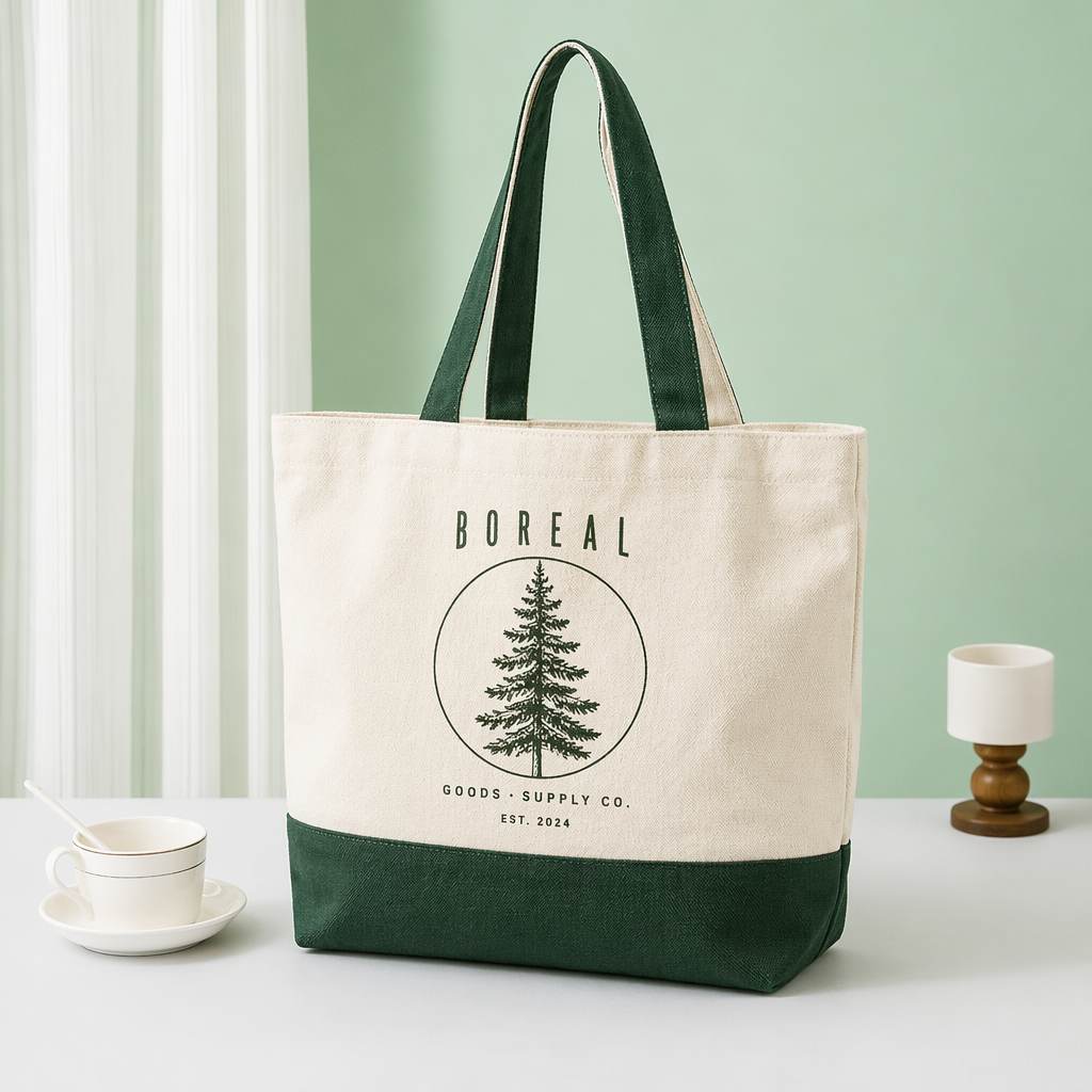 Personalized Color-Block Canvas Shoulder Tote | White Body Contrast Panel | No Minimum Order