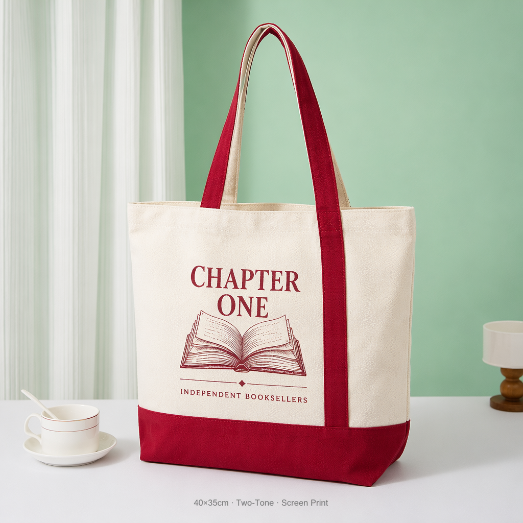 Personalized Color-Block Canvas Shoulder Tote | White Body Contrast Panel | No Minimum Order