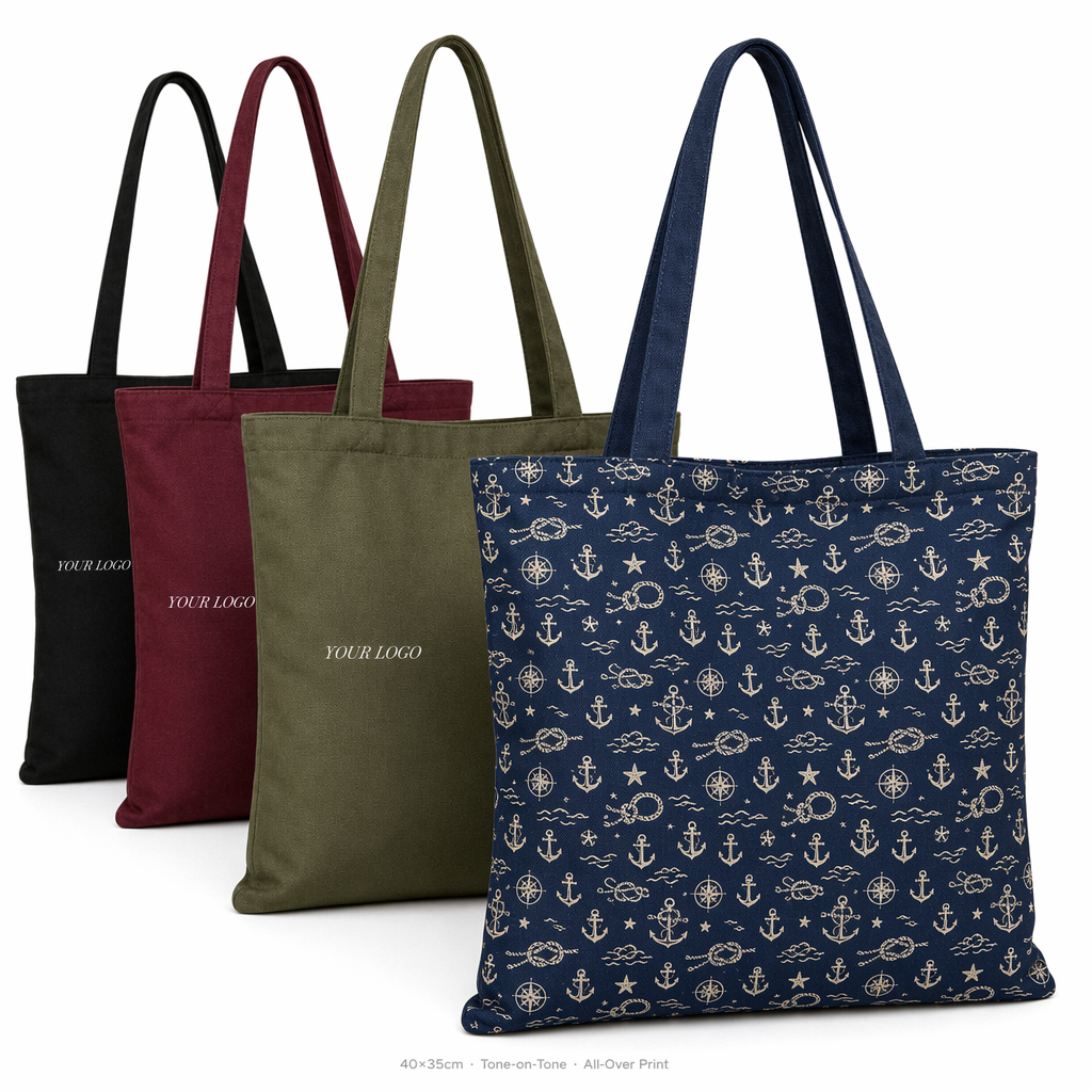 Custom All-Over Print Canvas Shoulder Tote Bag | Full Coverage Logo | No MOQ | 12 Colors