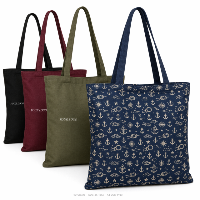 Custom All-Over Print Canvas Shoulder Tote Bag | Full Coverage Logo | No MOQ | 12 Colors