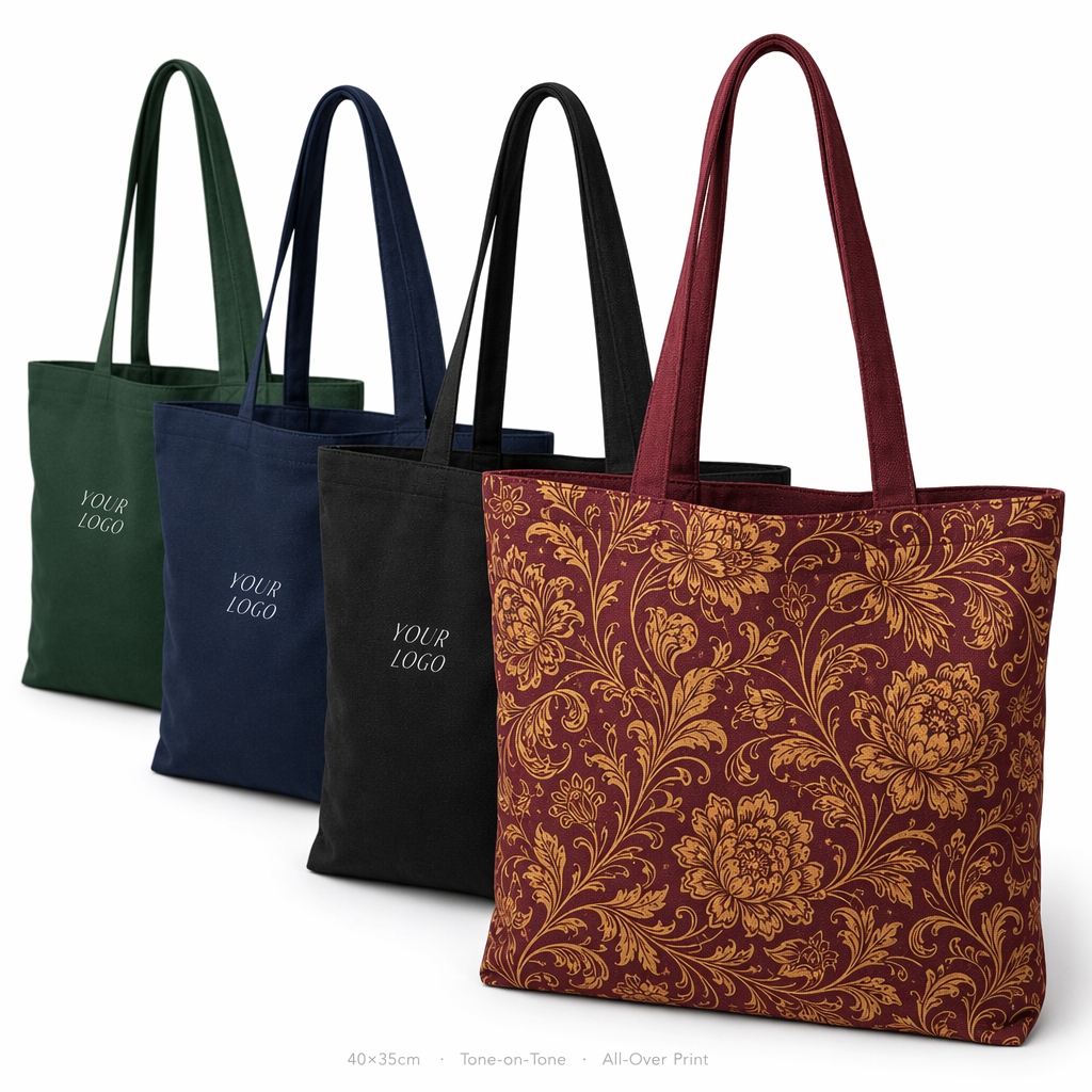 Custom All-Over Print Canvas Shoulder Tote Bag | Full Coverage Logo | No MOQ | 12 Colors