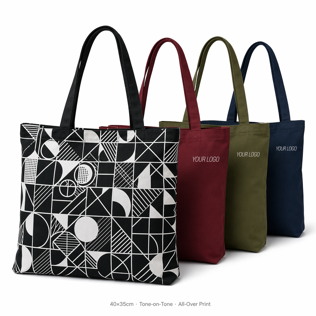 Custom All-Over Print Canvas Shoulder Tote Bag | Full Coverage Logo | No MOQ | 12 Colors