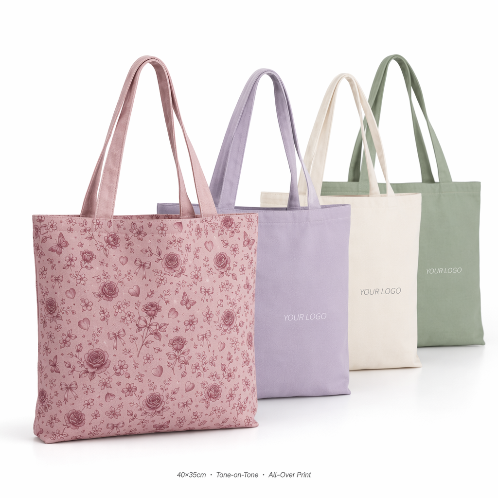 Custom All-Over Print Canvas Shoulder Tote Bag | Full Coverage Logo | No MOQ | 12 Colors